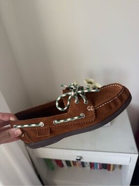 Loeffler Randall Brown Suede Boat Loafers with Green & White Laces